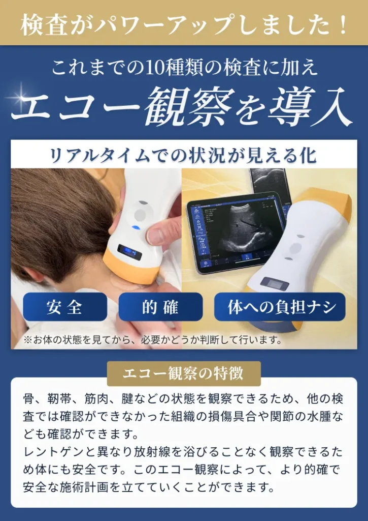 検査がパワーアップしました。これまでの10種類の検査に加えエコー観察を導入！ リアルタイムでの状況が見える化。安全。的確。体への負担なし。